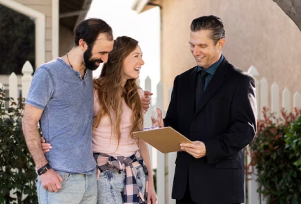 man in suit with clipboard laughing with couple