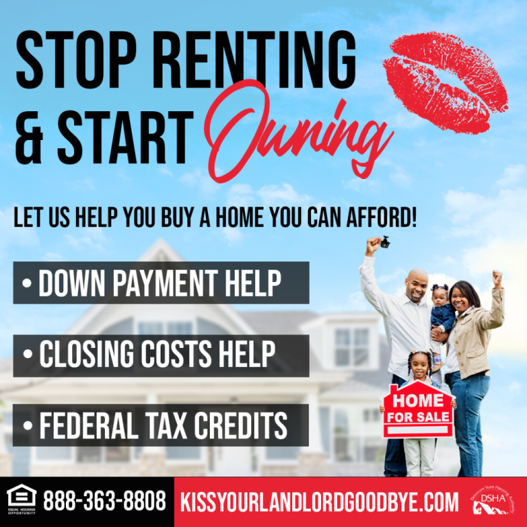 A graphic of a family cheering to Stop Renting & Start Owning