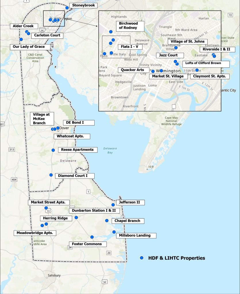 A map of Low-Income Housing Tax Credit sites in Delaware