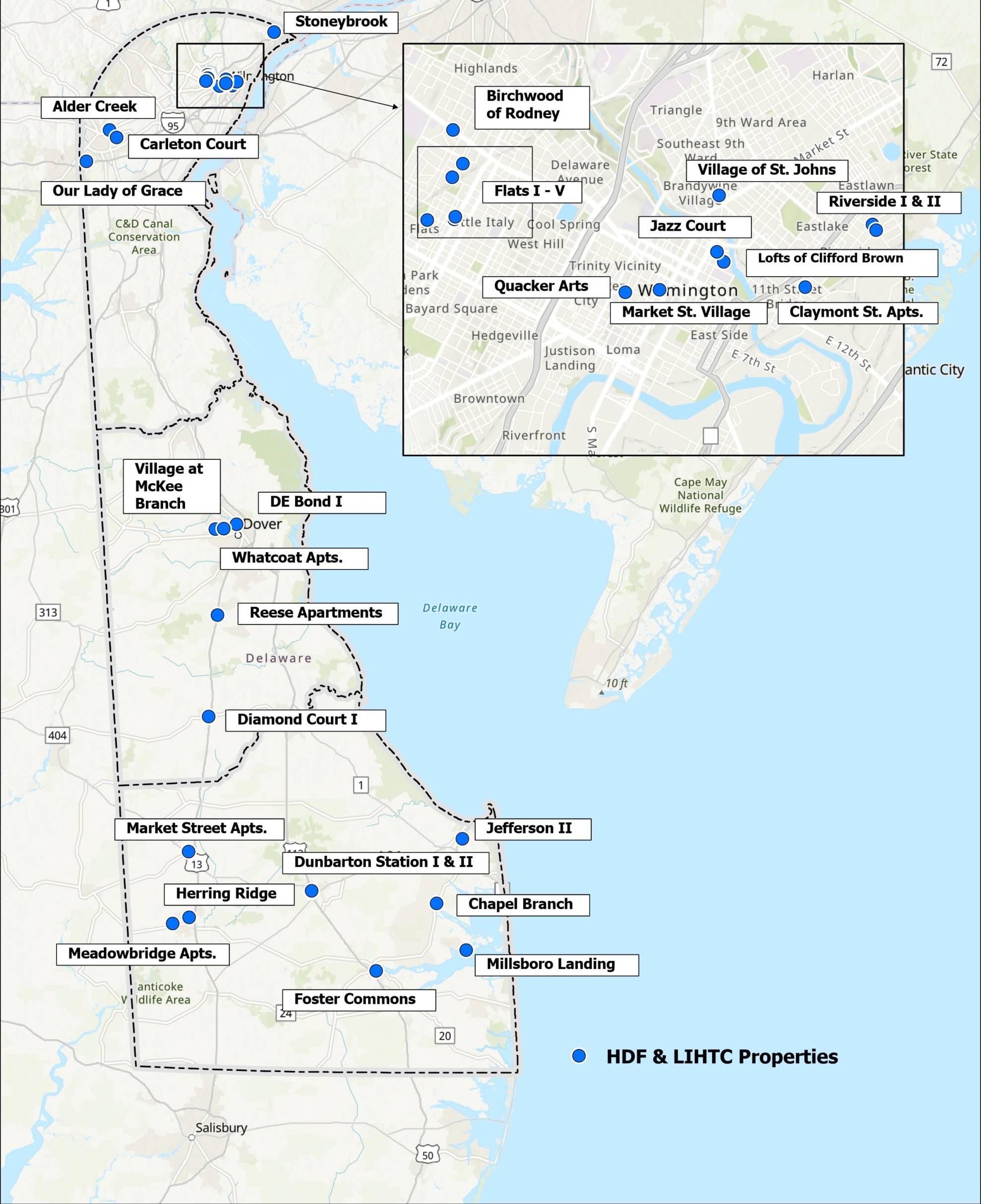A map of Low-Income Housing Tax Credit sites in Delaware