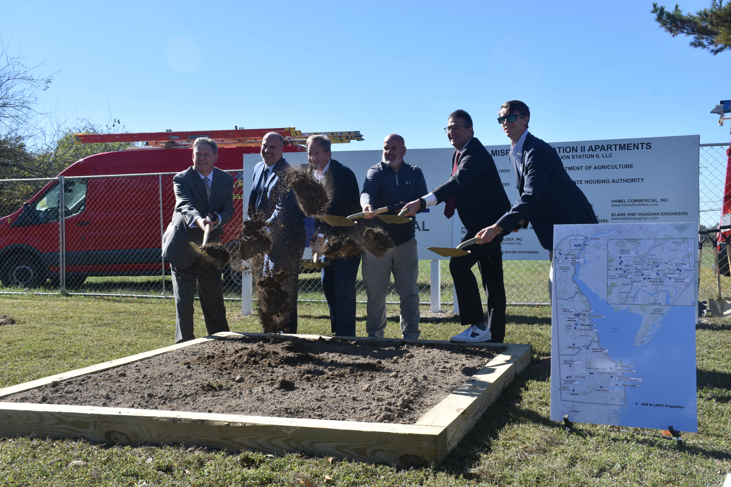 Governor Meyer and DSHA Director Heckles join other housing leaders to throw dirt in celebration of the groundbreaking