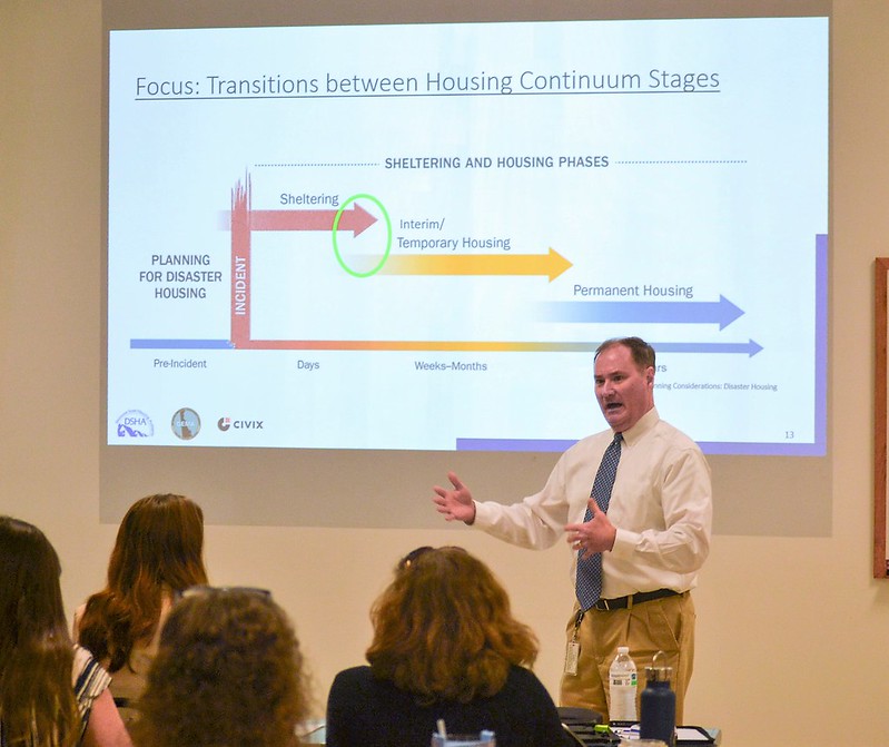 A presenter speaking to a seated audience in front of a slide titled Transitions between Housing Continuum Stages, showing sheltering, interim, and permanent housing phases