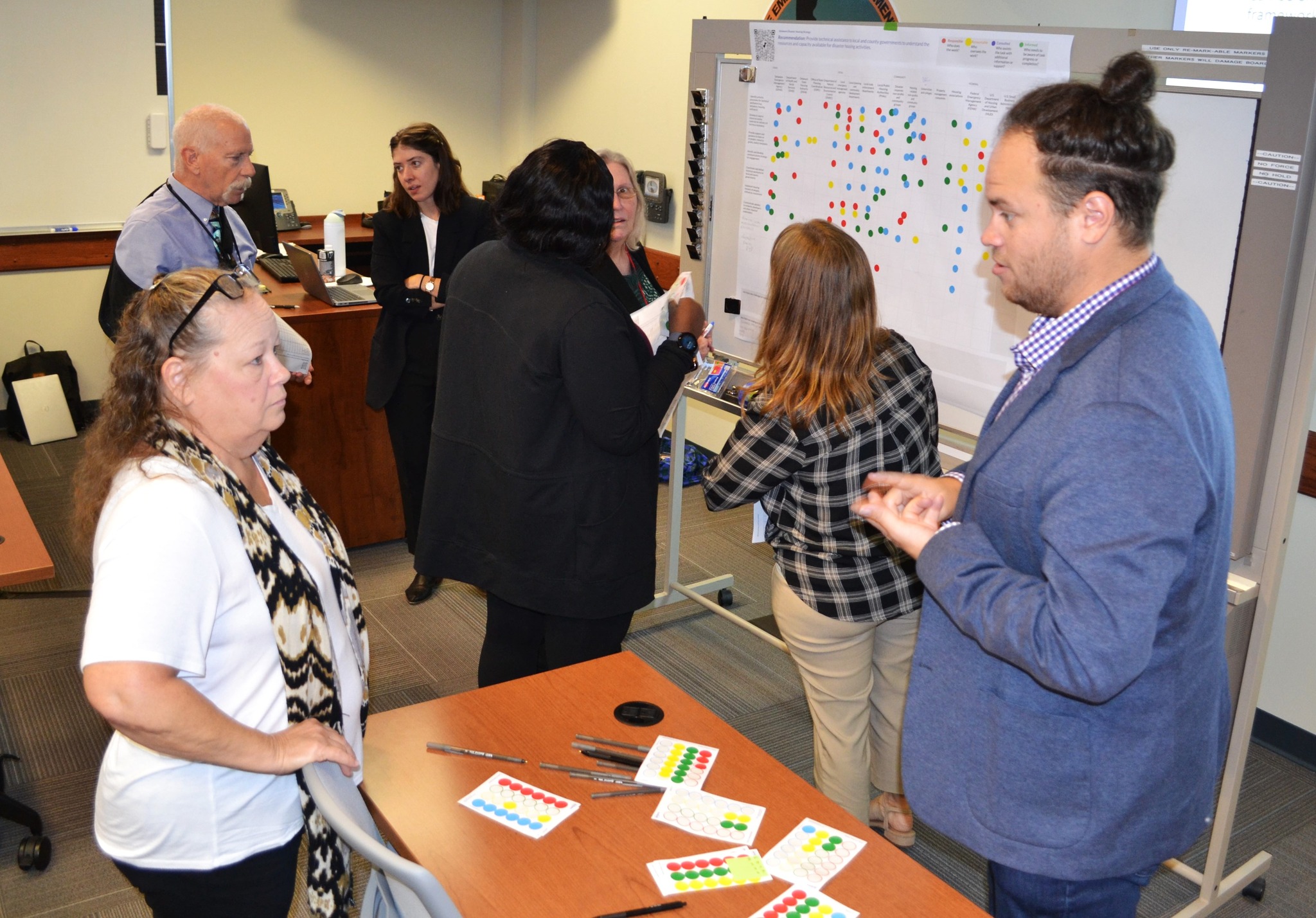 Task Force members gathered around a whiteboard, placing colored dot stickers on a large chart of disaster housing recommendations during a workshop