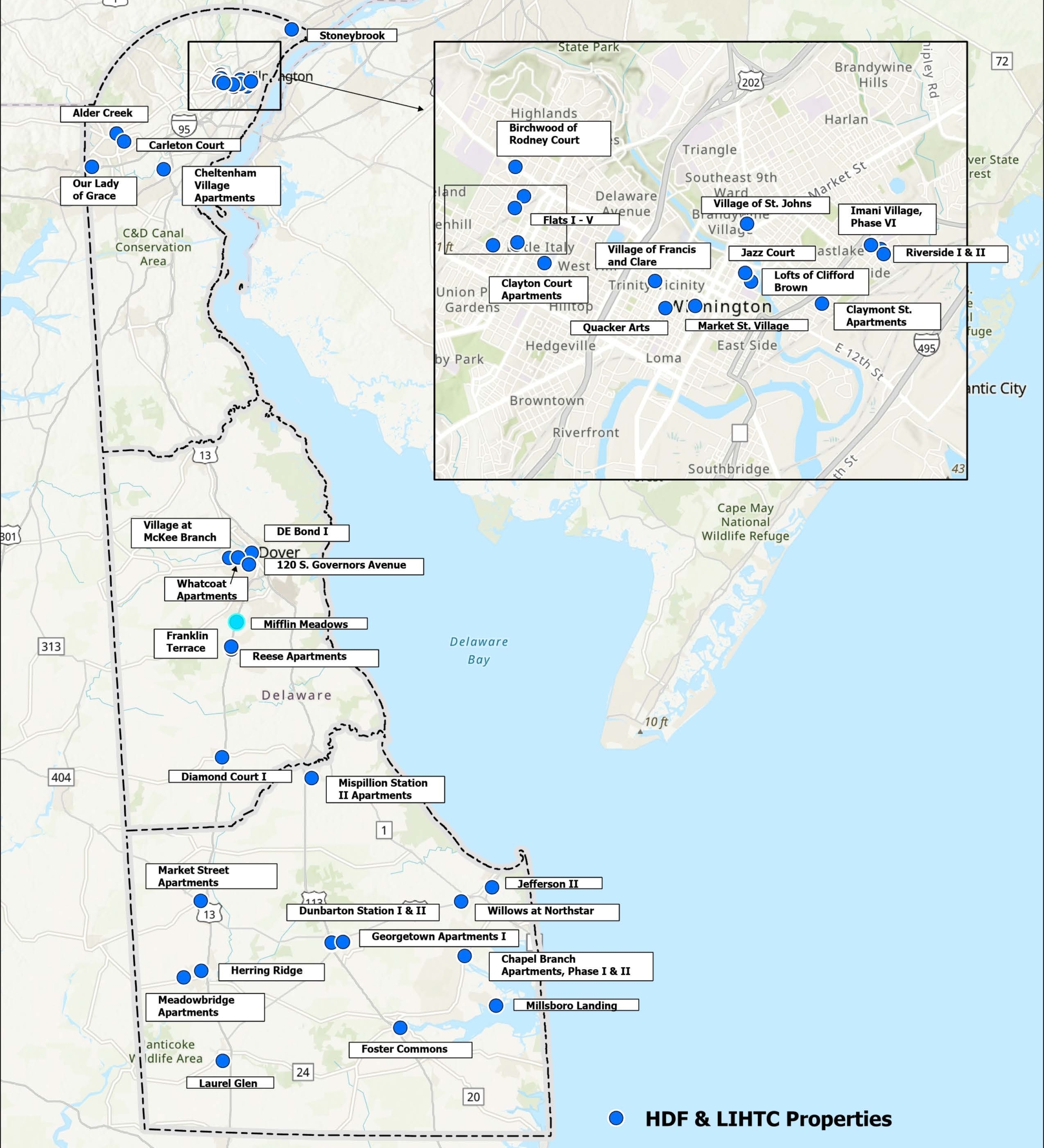 Map of Low Income Housing Tax Credit properties across Delaware